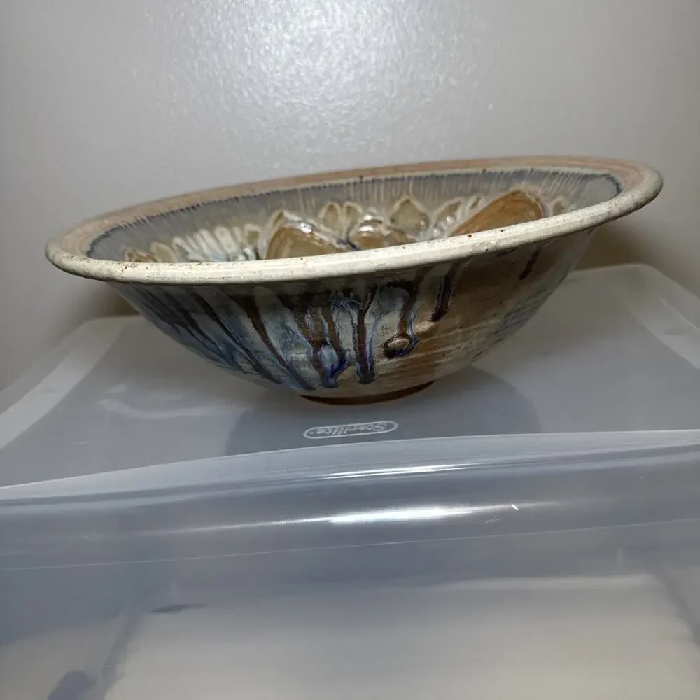 Julie Perry Signed Pottery Large Clay Bowl Tan Blue Glaze Celebrate the Wonder